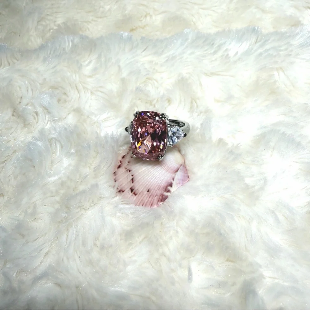 8 Carat Pink CZ Cushion Ring S925 Sterling Silver Adjustable‎ Band Vacation Ring
